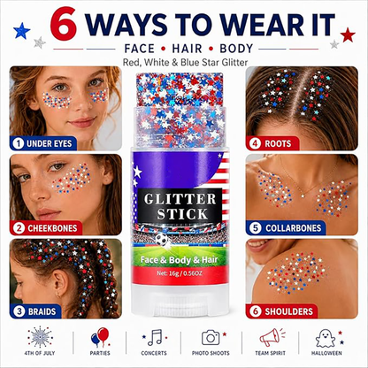 Red, White & Blue Star Glitter Stick – Face, Body & Hair Sparkle for Game Day & Fourth of July