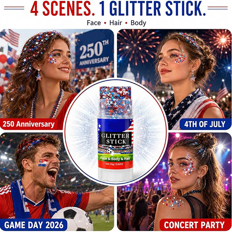 Red, White & Blue Star Glitter Stick – Face, Body & Hair Sparkle for Game Day & Fourth of July